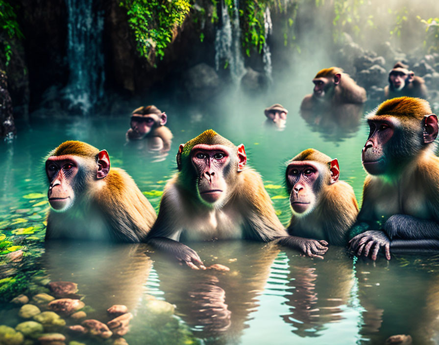 Group of monkeys relaxing in hot spring amid lush greenery