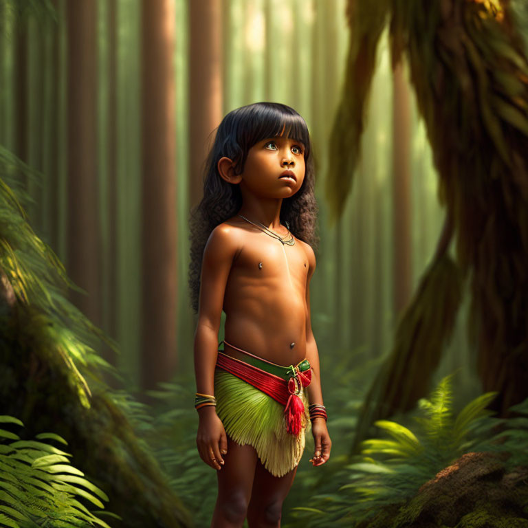 Child in traditional attire with expressive eyes in lush forest