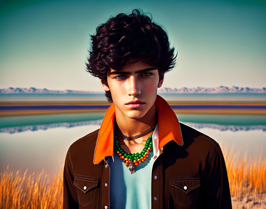 Young male with curly hair in brown jacket by calm lake