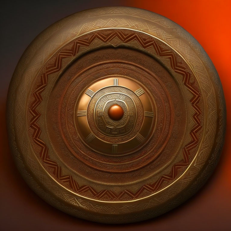 Intricate bronze-patterned spherical object on orange gradient background