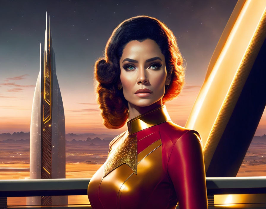 Futuristic female character with elegant hairstyle in gold and red suit before sci-fi cityscape at dusk