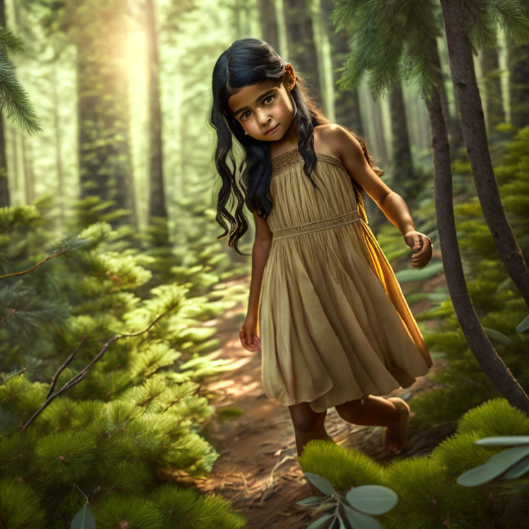 Young girl in tan dress walking through sunlit forest