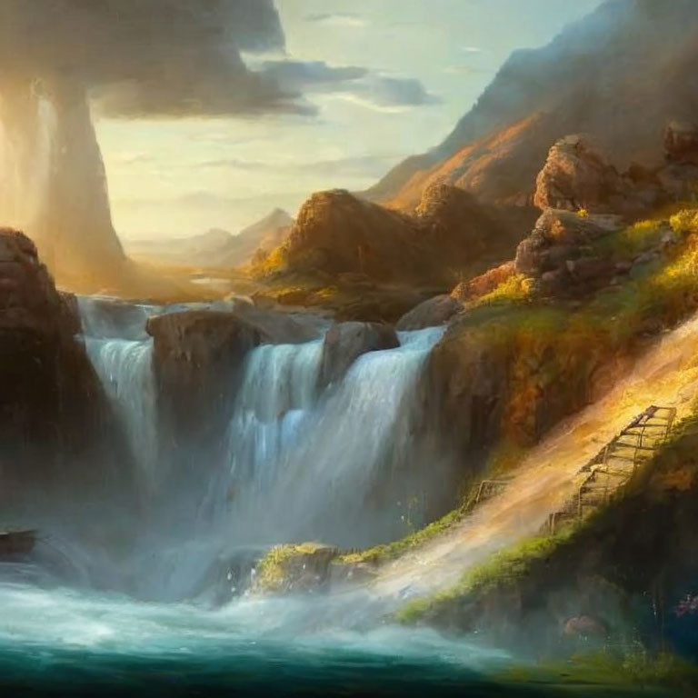 Scenic landscape with waterfalls, bridge, cliffs, and mountain