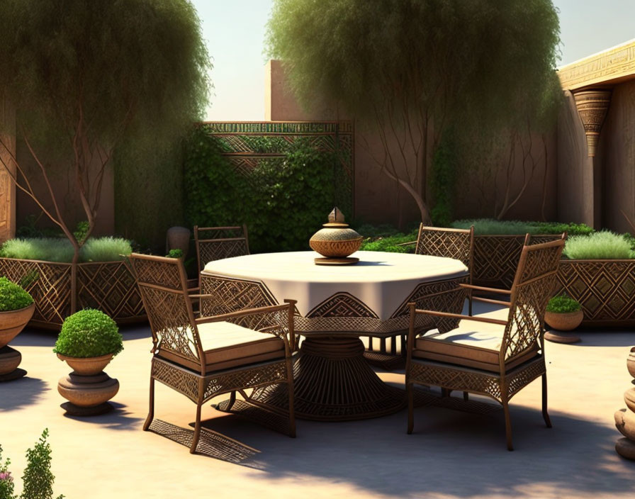 Round table, cushioned chairs, and plants in sunny outdoor patio.