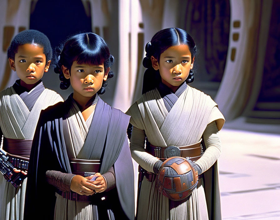 Three young actors in Jedi costumes standing in a sunlit corridor