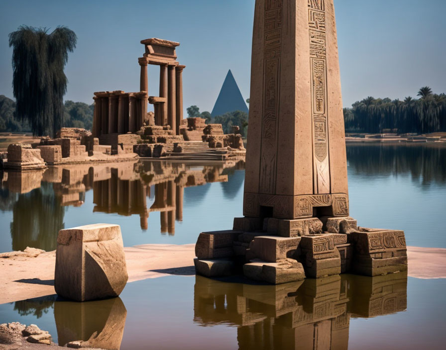 Ancient Egyptian temple ruins near water with hieroglyphs, obelisk, palm trees,