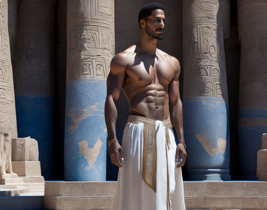 Toned man in Egyptian attire among tall columns