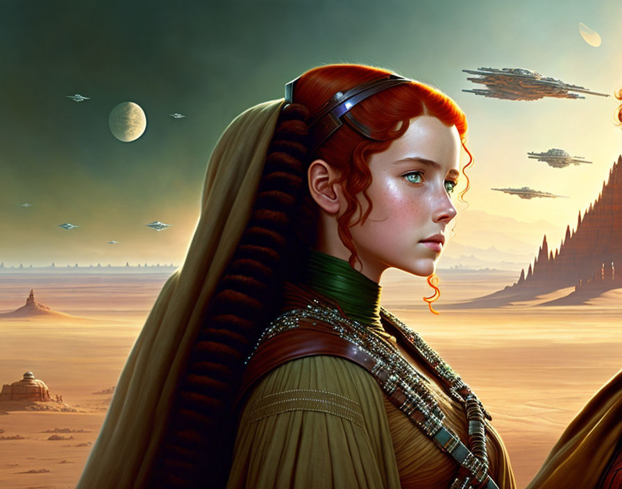 Futuristic red-haired woman in desert landscape with spaceships