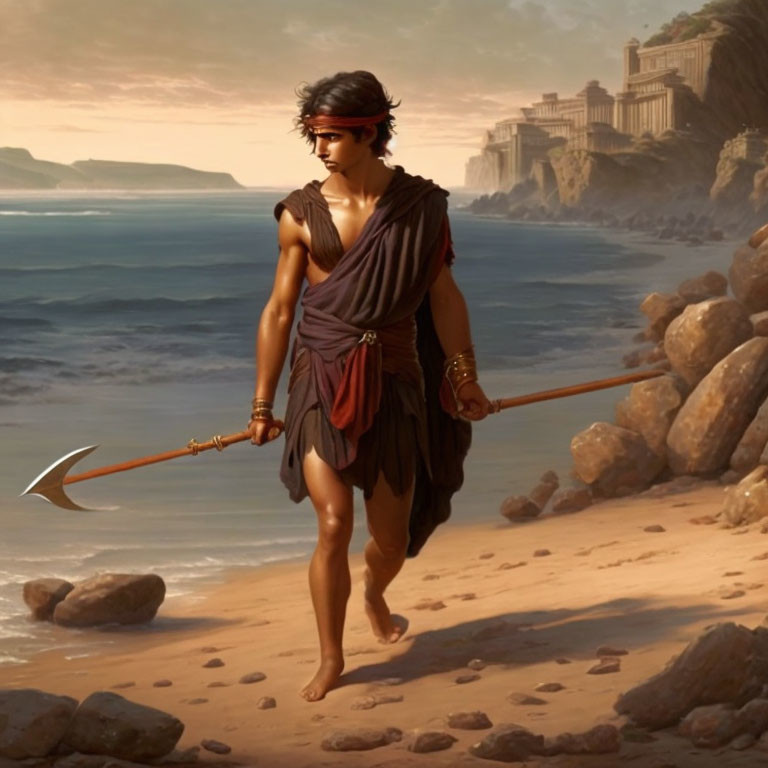 Ancient warrior in spear walking on beach with classical buildings