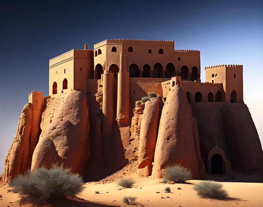 Sandstone Fort with Tall Towers in Desert Landscape