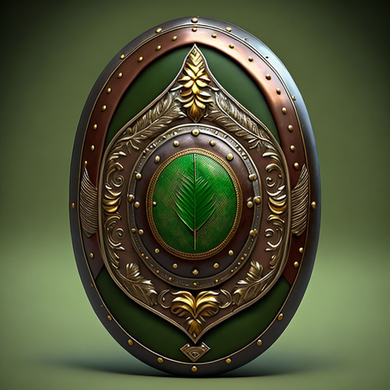 Detailed Illustration: Ornate Oval Shield with Bronze Edging, Green Leaf Emblem, and Metal Scroll