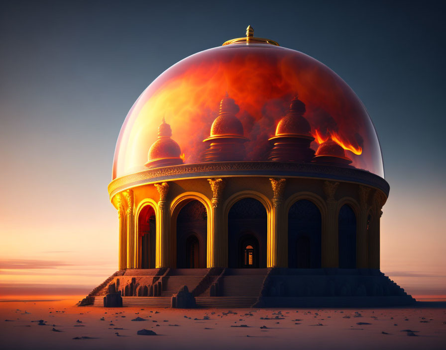 Golden-embellished dome structure glowing at twilight