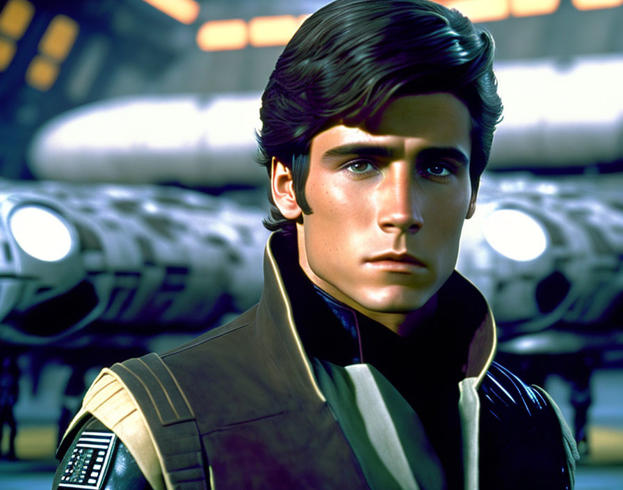 Young man with dark hair in futuristic military uniform with starship.