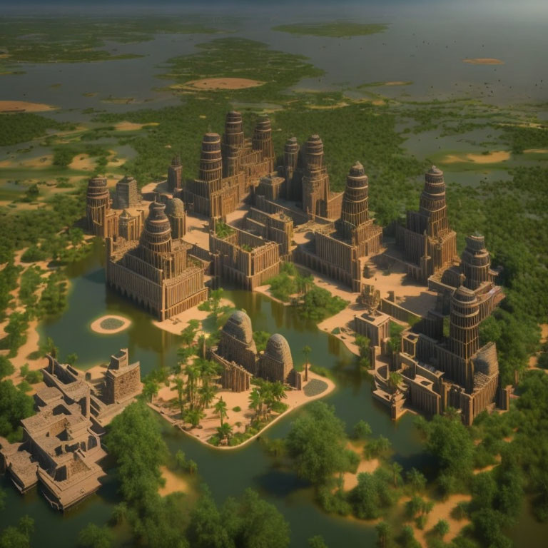 Majestic ancient city with towering temples and lush greenery