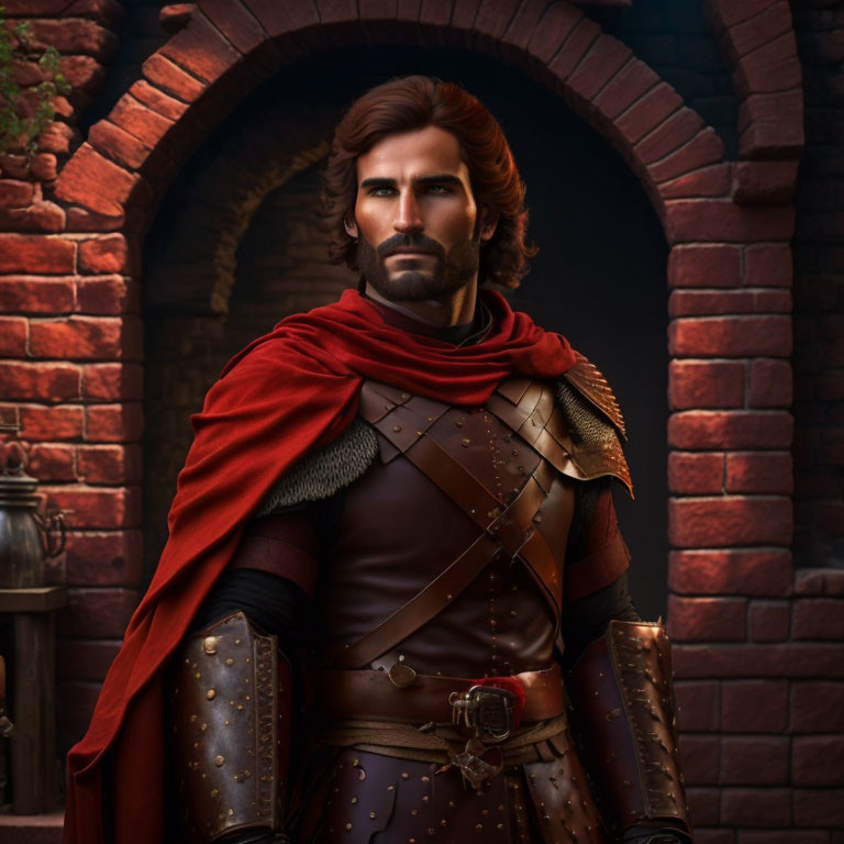 Medieval knight digital art: stern expression, beard, leather armor, red cape, chainmail,