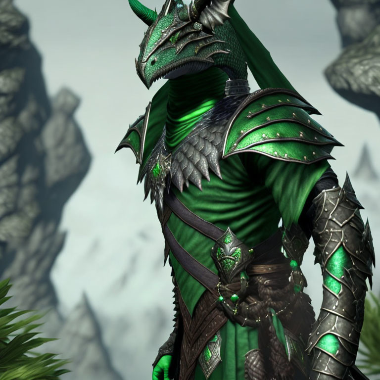 Detailed Green and Silver Armored Anthropomorphic Dragon on Rocky Terrain