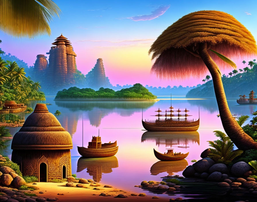 Tropical scene with huts, unique tree, boats, and temples at dusk