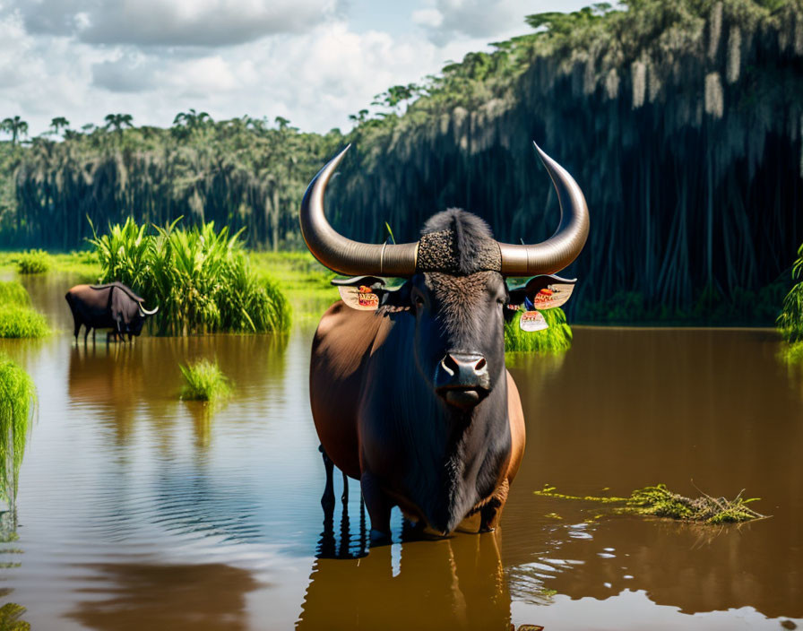 Majestic dark brown buffalo with curved horns in water landscape