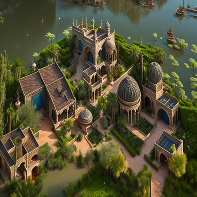 Palace with domes, arches, lush gardens, and waterways