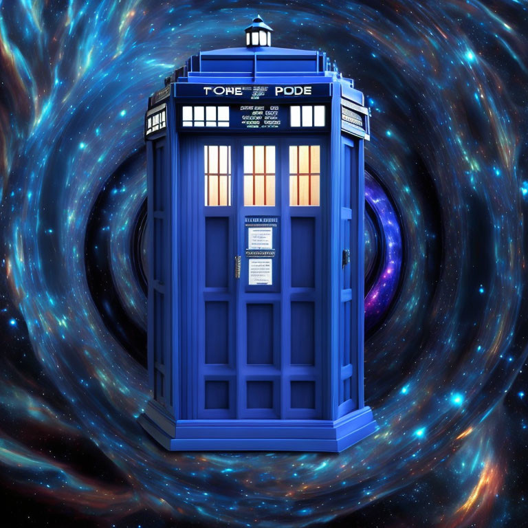 Blue Police Box in Cosmic Space Backdrop