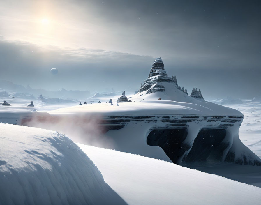 Snow-covered landscape with mountain peak and distant planet in twilight sky