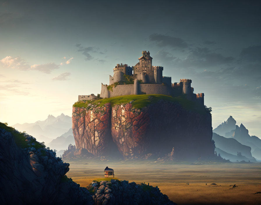 Majestic castle on floating island above tranquil plain