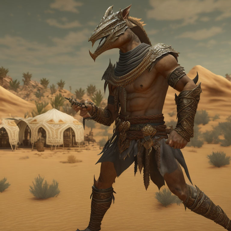 Muscular anthropomorphic lizard warrior in desert setting