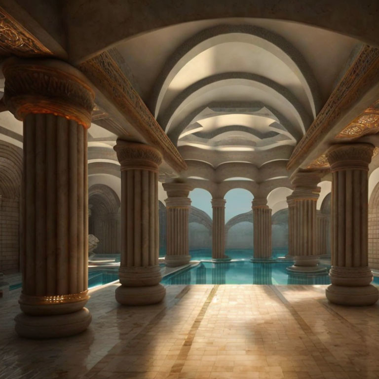 Elegant grand hall with vaulted ceilings and classical pillars by a reflective blue pool