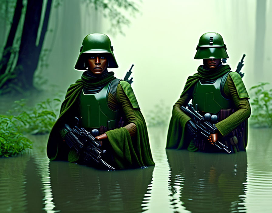 Toy soldiers in green uniforms knee-deep in water with misty forest backdrop holding rifles