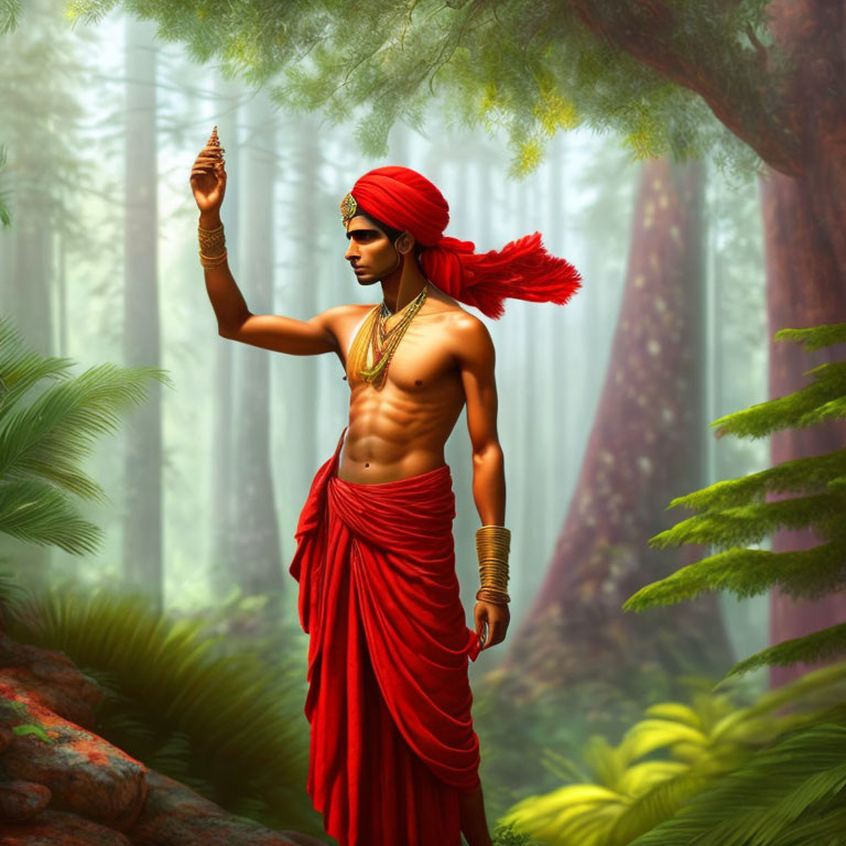 Bare-chested man in red turban with conch shell in misty forest