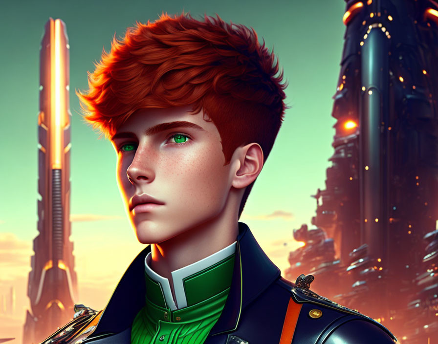 Digital artwork: Young man with red hair in futuristic uniform, green eyes, sci-fi cityscape.