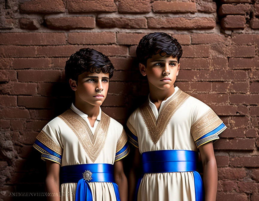 Vintage-dressed boys with blue sashes against brick wall