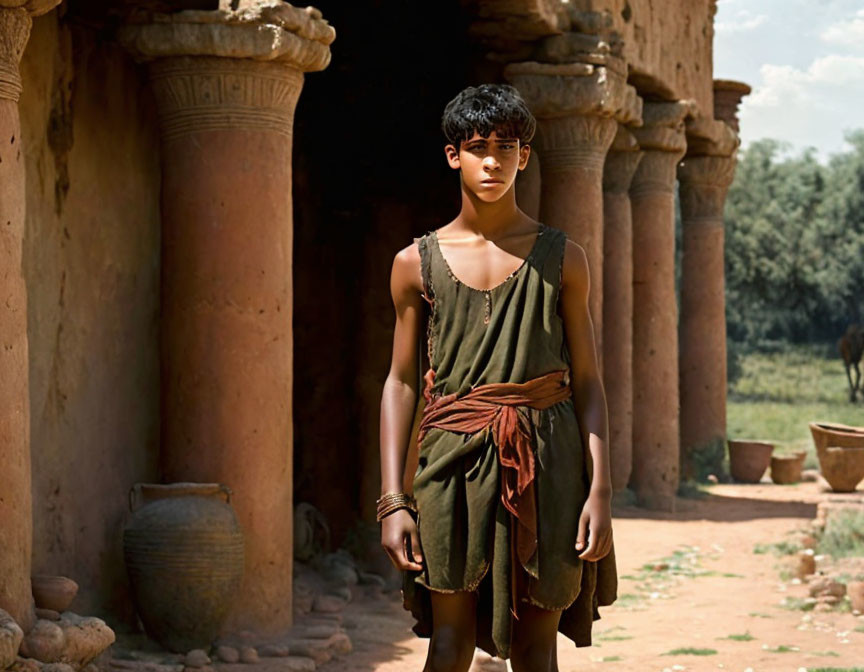 Young boy in ancient attire stands in sunlit rustic doorway surrounded by nature