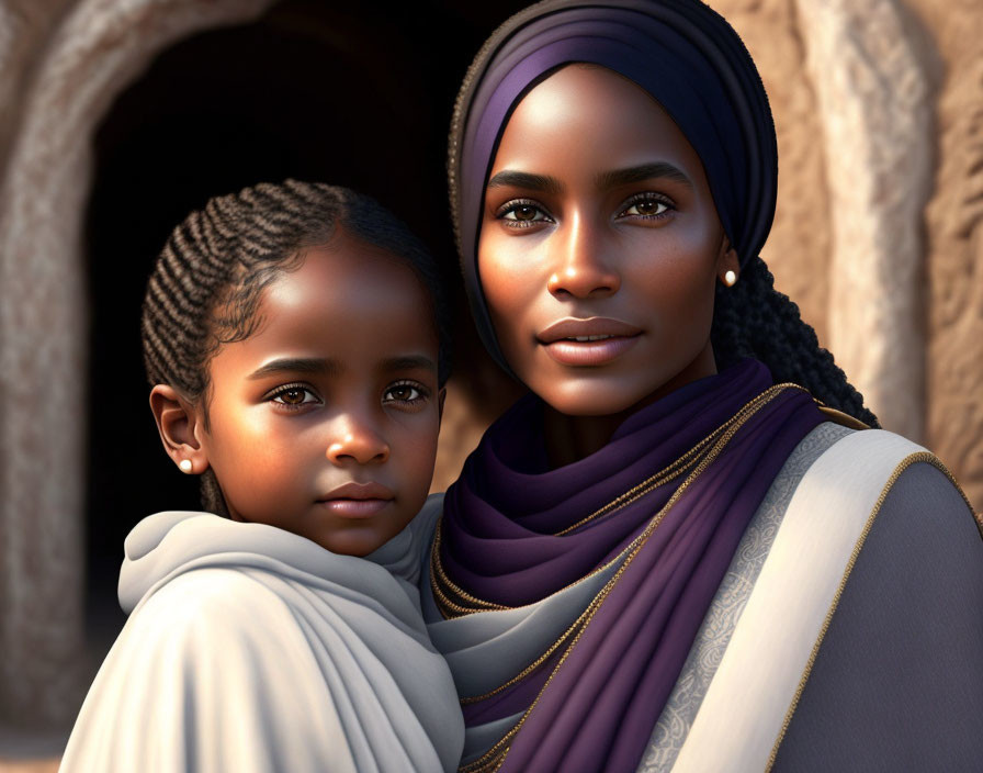 Digital artwork of woman and girl in elegant attire, exuding familial bond