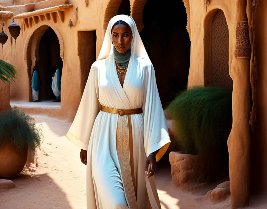 Woman in White and Blue Robe Walking in Traditional Clay Alleyway