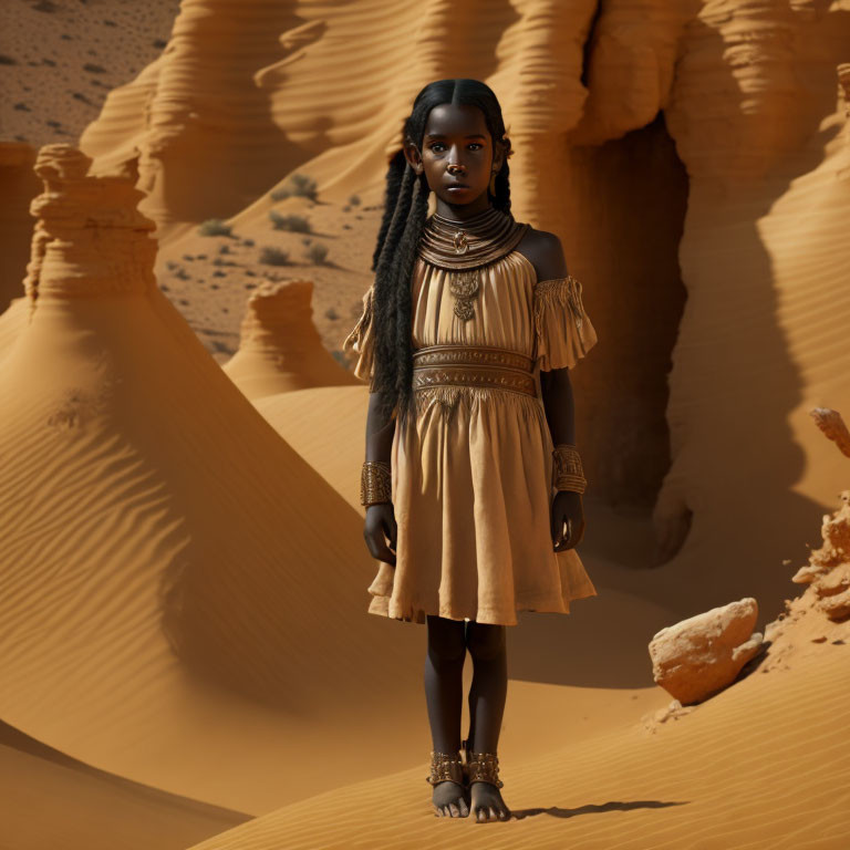 Young girl in beige dress with tribal jewelry in desert landscape