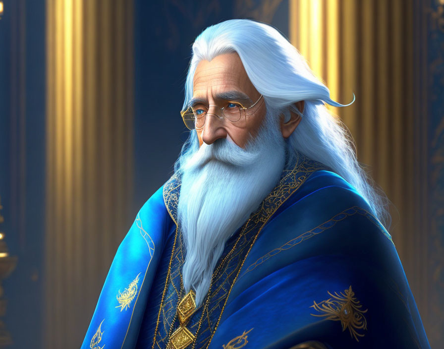 White-bearded animated man in royal blue robe in pensive pose.