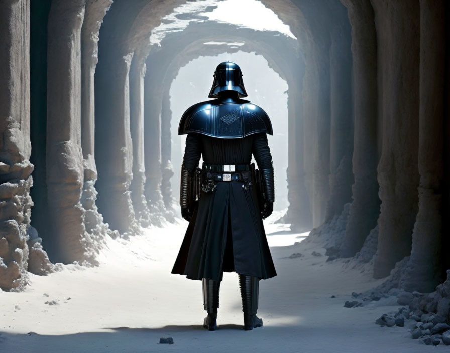 Person in Darth Vader costume in sunlit corridor with arches