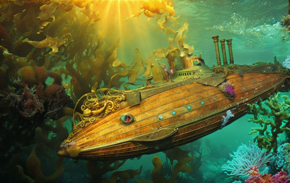 Steampunk-style submarine among coral reefs underwater