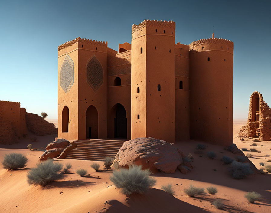 Traditional Clay Brick Fortress in Sandy Desert Environment