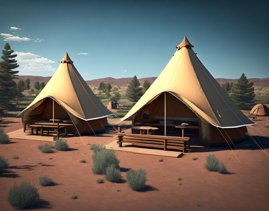 Spacious glamping tents on wooden platforms in desert landscape