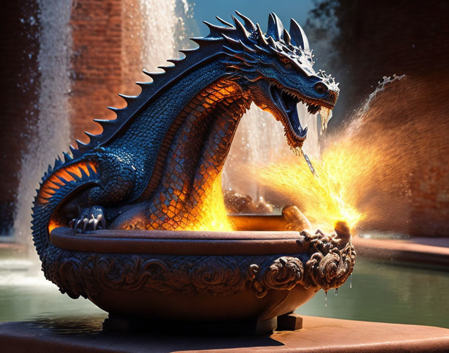 Colorful Dragon Sculpture Breathing Fire by Fountain