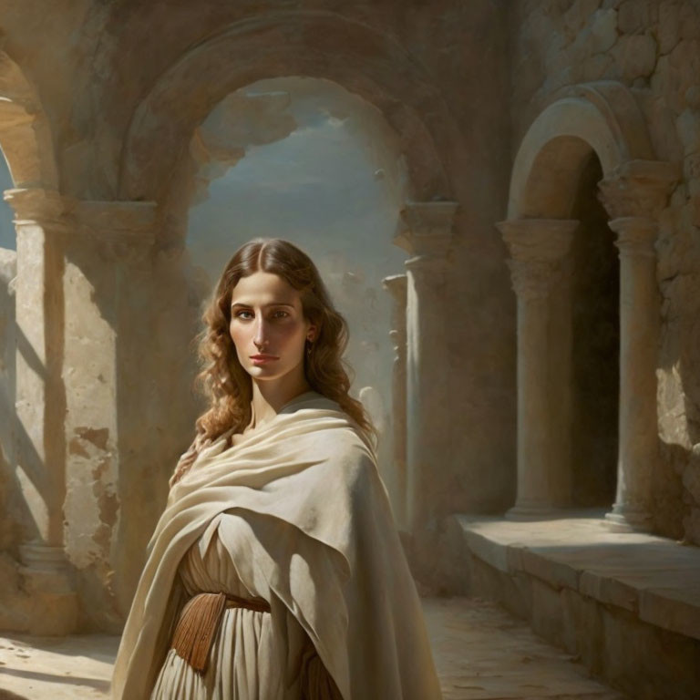 Historically dressed woman in sunlit stone archway with contemplative aura.