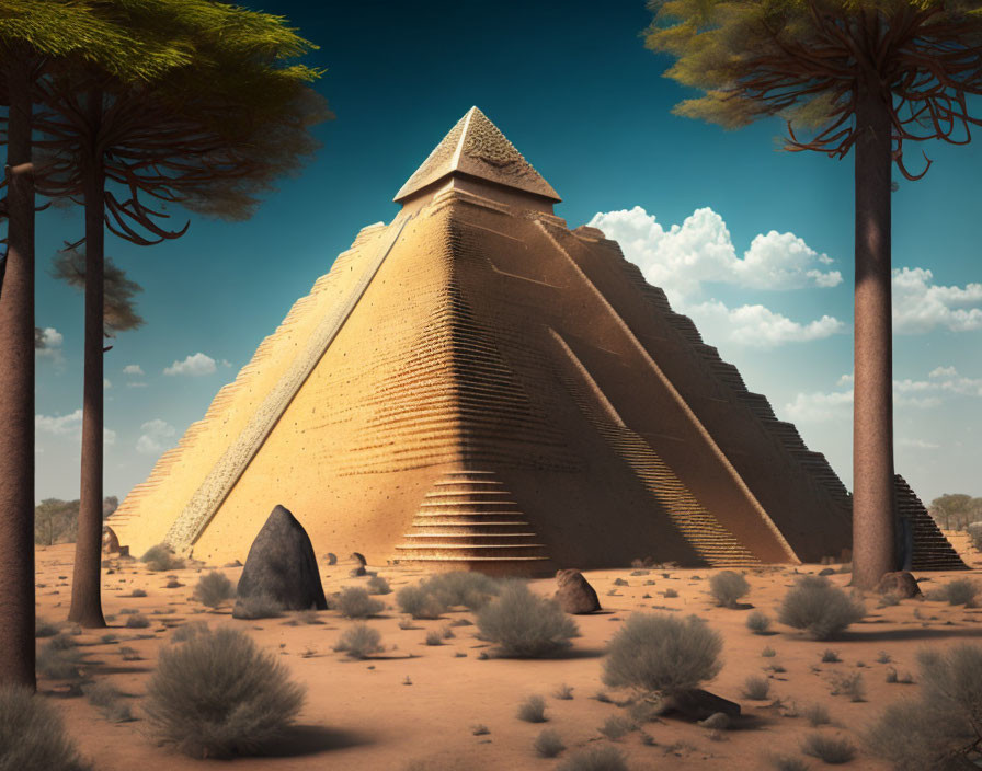 Ancient pyramid in desert landscape with sparse trees and rocks