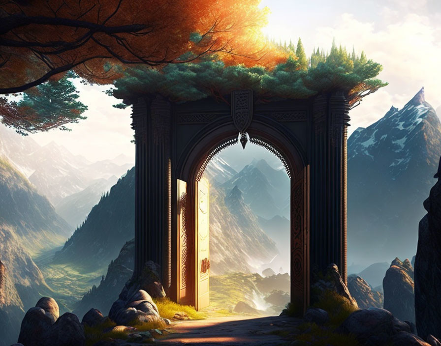 Ornate open doorway in serene landscape with mountains and golden light