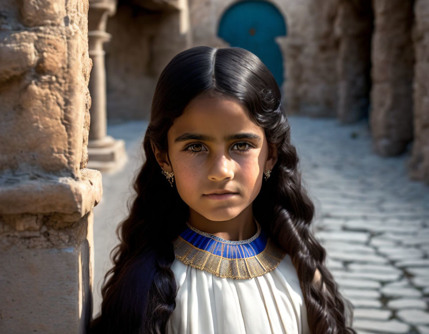 Dark-haired girl in traditional necklace in sunlit alley with old blue door