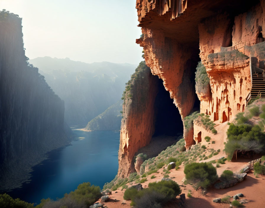 Tranquil River Flowing Through Canyon with Rocky Overhangs