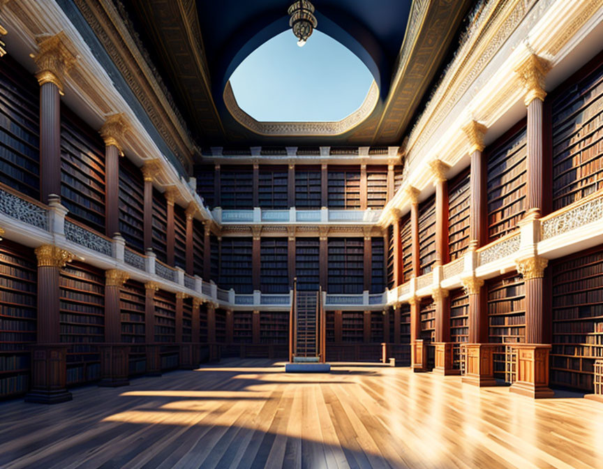 Opulent Library with Wooden Bookshelves and Domed Ceiling