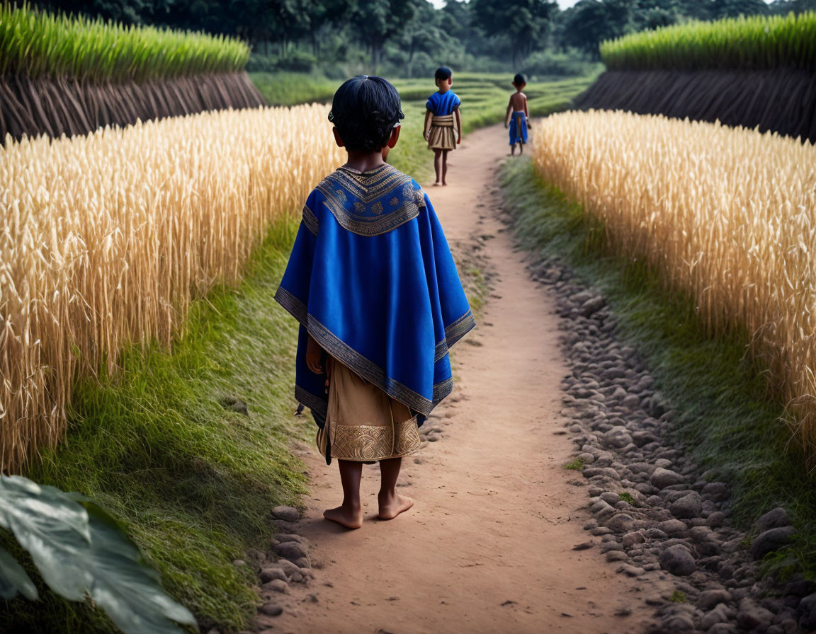 Child in blue shawl walks on stone path through golden wheat fields