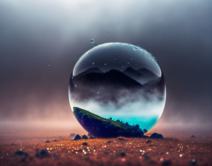 Miniature mountain landscape inside crystal-clear bubble on red ground with water droplets.